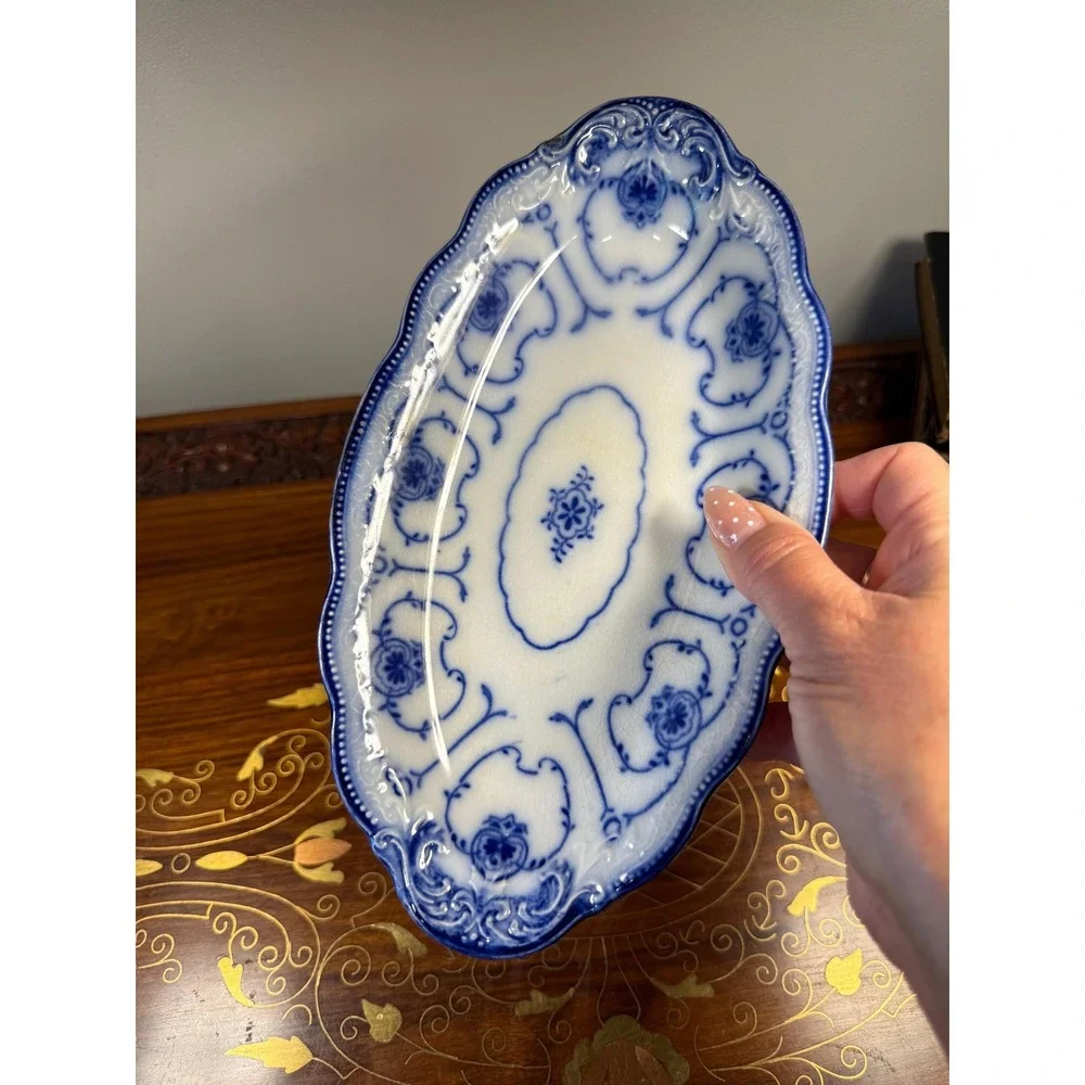 Antique W.H. Grindley Beaufort Flow Blue Dish • Oval Vanity Tray